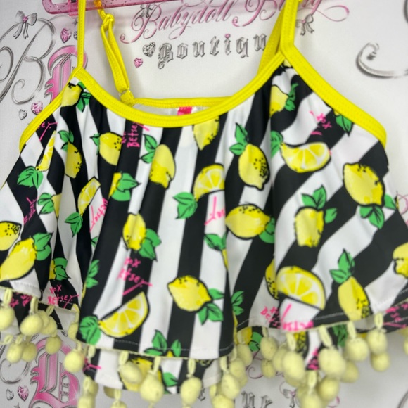 Betsy Johnson bikini top ruffle frilly Pom Pom trim Lemons π striped pink cute - Picture 2 of 12